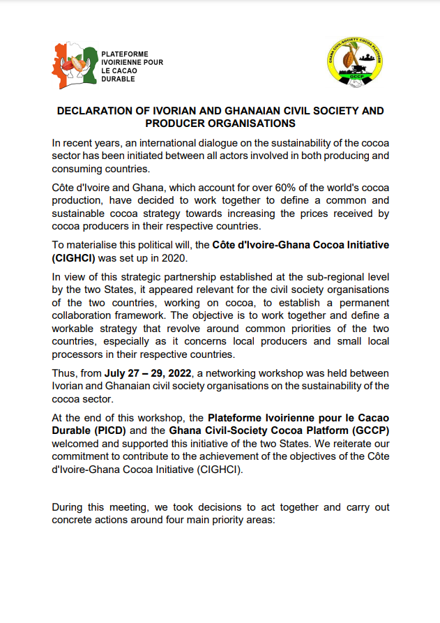 Declaration of Ghanaian and Ivorian Civil Society Cocoa Platforms